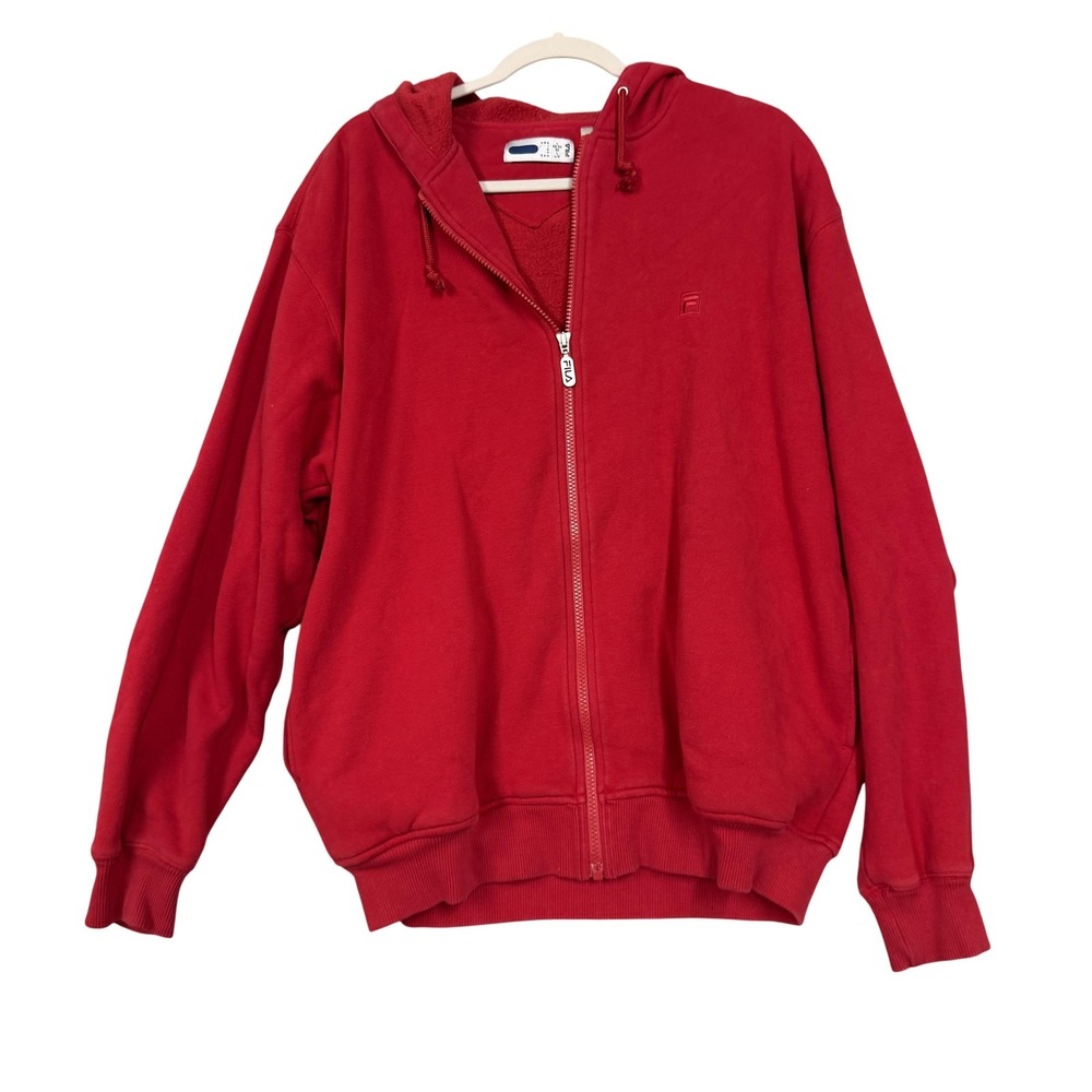 FILA Hoodie Mens Large Red Full Zip Fleece Sweatshirt Logo Pockets Casual